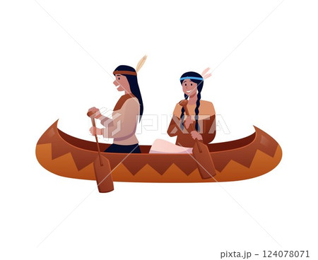 Vector illustration of native americans in canoe, isolated background. 124078071