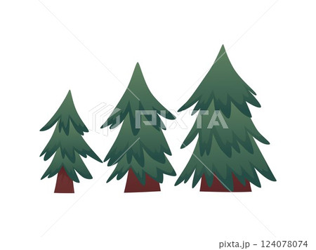 Fir trees vector flat illustrations set, cartoon spruce evergreen forest plant different sizes, ages, coniferous forest 124078074