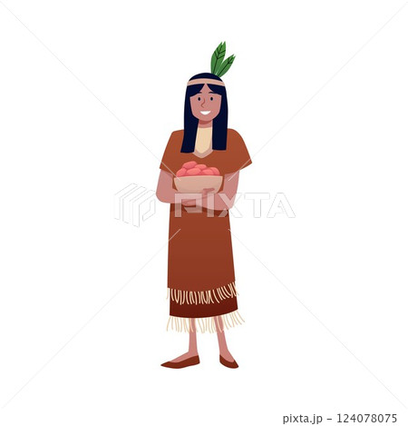 Native American woman in traditional dress and feathers on her head, holding plate with food. 124078075