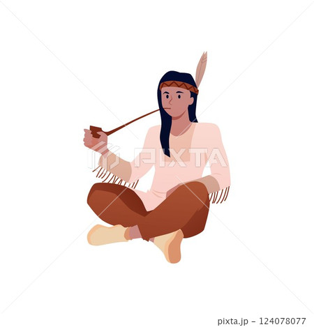 Native American Indian in traditional costume smokes pipe, vector tribal aborigine with ethnic headband with feather 124078077