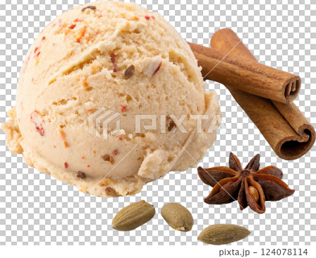 A Creamy Scoop of Chai Spiced Artisanal Ice Cream with Fragrant Cinnamon and Star Anise Accents 124078114