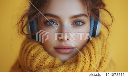 ヘッドホンで音楽を楽しむ笑顔の女性「AI生成画像」 124078213