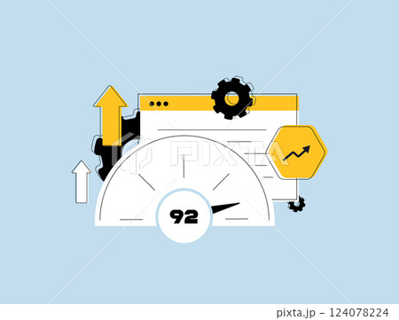 Website speed test with performance optimization, fast loading speed, and responsive web pages. Analyze website speed for user experience and SEO ranking. Isolated vector illustration with icons Website speed test with performance optimization, fast loading speed, and responsive web pages. Analyze website speed for user experience and SEO ranking. Isolated vector illustration with icons 124078224