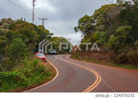 A winding road with reddish volcanic soil, surrounded by dense tropical greenery, utility poles, parked vehicles, and an overcast sky in Hawaii. 124078233
