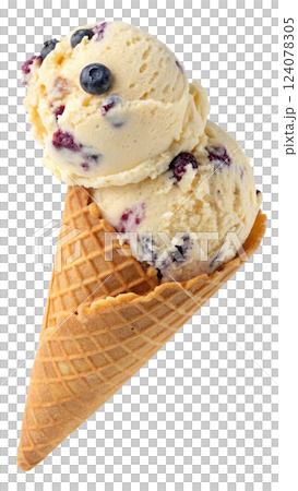 Blueberry muffin ice cream in a waffle cone 124078305