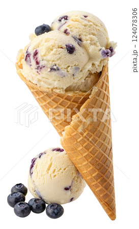 Blueberry muffin ice cream in a waffle cone 124078306