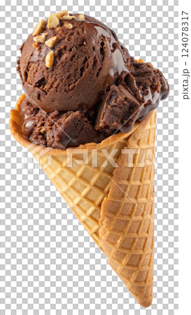 Decadent scoop of fudge brownie ice cream in a waffle cone 124078317