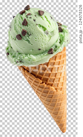 Mint chocolate chip ice cream scoop in a waffle cone 124078326