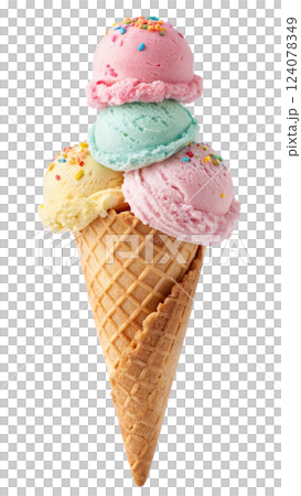 Stacked neapolitan ice cream scoops in a cone 124078349
