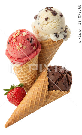 Tempting ice cream dessert with strawberry and cookies and cream scoops 124078369