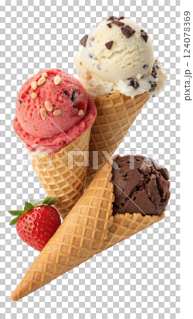 Tempting ice cream dessert with strawberry and cookies and cream scoops 124078369