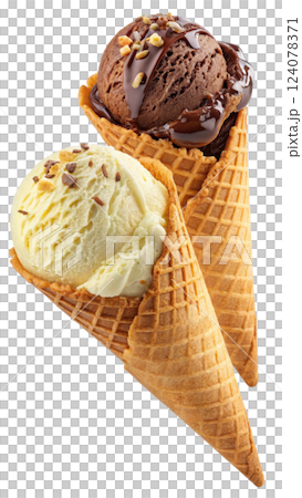 Two scoops of chocolate and vanilla ice cream in a waffle cone 124078371
