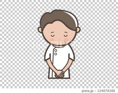 Upper body illustration of a male massage therapist bowing his head and apologizing 124078388