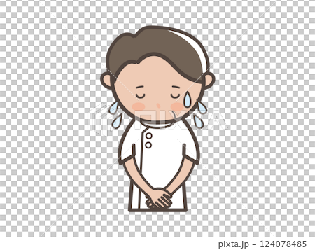 冷や汗をかいて謝る男性整体師（マッサージ師）の上半身イラスト 124078485