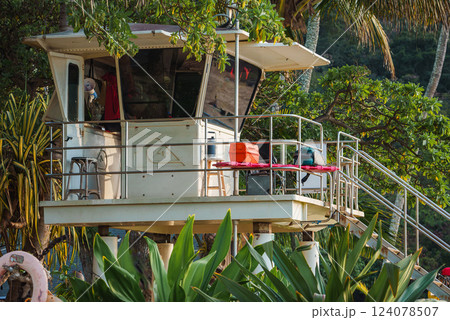 Elevated lifeguard tower with white exterior, surrounded by palm trees and dense greenery, suggesting a coastal setting on Oahu or Kauai. Elevated lifeguard tower with white exterior, surrounded by palm trees and dense greenery, suggesting a coastal setting on Oahu or Kauai. 124078507