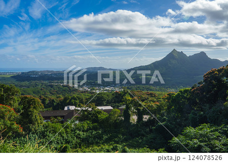 A green landscape featuring the jagged Ko olau Range, a small village, tropical trees, and the ocean in the distance under a partly cloudy sky. 124078526
