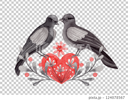 Dove couple arrangement with heart in folk style. Stylized illustration in red and gray colors for wedding invitation creating. Hand drawn composition is perfect for romantic and love designs. Dove couple arrangement with heart in folk style. Stylized illustration in red and gray colors for wedding invitation creating. Hand drawn composition is perfect for romantic and love designs. 124078567