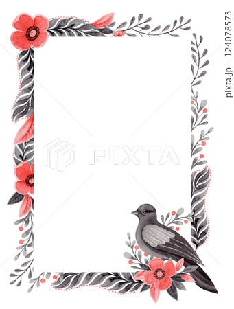 Vertical frame with dove bird and copy space in folk style. Stylized illustration in red and gray colors for wedding invitation. Hand drawn composition is perfect for romantic and love card design. Vertical frame with dove bird and copy space in folk style. Stylized illustration in red and gray colors for wedding invitation. Hand drawn composition is perfect for romantic and love card design. 124078573