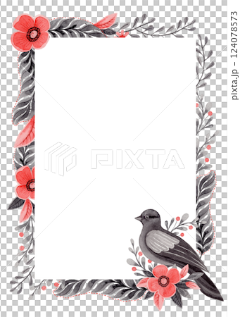 Vertical frame with dove bird and copy space in folk style. Stylized illustration in red and gray colors for wedding invitation. Hand drawn composition is perfect for romantic and love card design. Vertical frame with dove bird and copy space in folk style. Stylized illustration in red and gray colors for wedding invitation. Hand drawn composition is perfect for romantic and love card design. 124078573