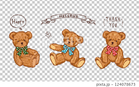 Illustration of a row of teddy bears wearing polka dot ribbons 124078673