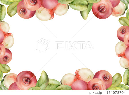 Lingonberry cranberry with green leaves, water dew drops, hand drawn in watercolor, ripe forest berry bearberry teaberry wintergreen. Isolated border corner frame. Dessert cafe menu, farmers market 124078704