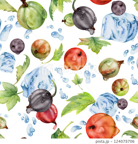 Currant gooseberry flying in water splash with green leaves, ice cubes, dew drops, ripe garden juneberry casseille jostaberry. Isolated seamless pattern hand drawn in watercolor. Craft drinks, grocery 124078706