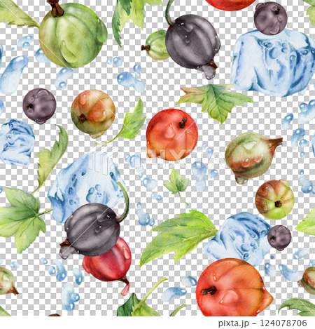 Currant gooseberry flying in water splash with green leaves, ice cubes, dew drops, ripe garden juneberry casseille jostaberry. Isolated seamless pattern hand drawn in watercolor. Craft drinks, grocery 124078706
