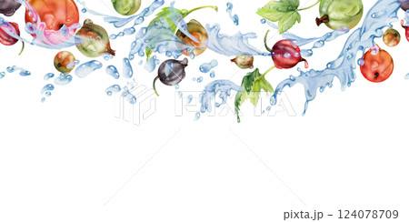 Currant gooseberry flying in water splash with dew drops and green leaves, hand drawn in watercolor, ripe summer garden berry. Isolated seamless banner for home preserves, eco stationery, recipe book Currant gooseberry flying in water splash with dew drops and green leaves, hand drawn in watercolor, ripe summer garden berry. Isolated seamless banner for home preserves, eco stationery, recipe book 124078709