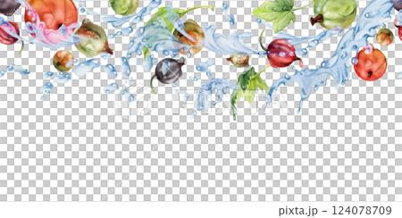 Currant gooseberry flying in water splash with dew drops and green leaves, hand drawn in watercolor, ripe summer garden berry. Isolated seamless banner for home preserves, eco stationery, recipe book Currant gooseberry flying in water splash with dew drops and green leaves, hand drawn in watercolor, ripe summer garden berry. Isolated seamless banner for home preserves, eco stationery, recipe book 124078709