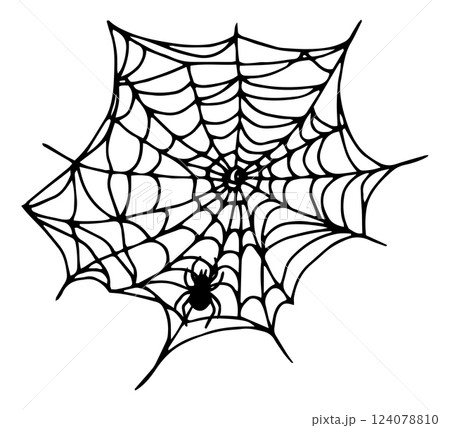 Silhouette of spider hanging on web. Black outline drawing for Halloween. Hand drawn isolated graphic clipart. Simple Doodle style. Line illustration of creepy insect, curved threads for decoration. Silhouette of spider hanging on web. Black outline drawing for Halloween. Hand drawn isolated graphic clipart. Simple Doodle style. Line illustration of creepy insect, curved threads for decoration. 124078810