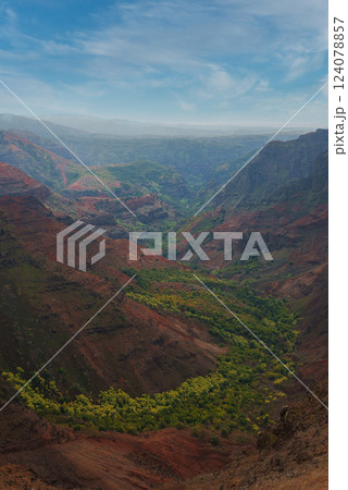View of Waimea Canyon on Kauai, Hawaii, with red and brown cliffs, green vegetation in the valley, and a partly cloudy sky above the rugged terrain. View of Waimea Canyon on Kauai, Hawaii, with red and brown cliffs, green vegetation in the valley, and a partly cloudy sky above the rugged terrain. 124078857