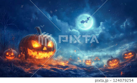Spooky Halloween night with glowing pumpkins and bats under a full moon Spooky Halloween night with glowing pumpkins and bats under a full moon 124079254