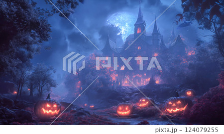 Eerie haunted castle surrounded by glowing pumpkins under a full moon in a misty night landscape Eerie haunted castle surrounded by glowing pumpkins under a full moon in a misty night landscape 124079255