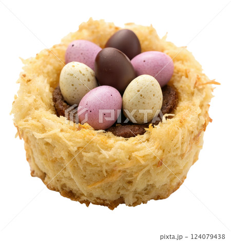 Delectable Coconut Nest with Festive Easter Eggs Delectable Coconut Nest with Festive Easter Eggs 124079438