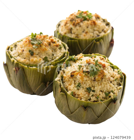 Delectable Stuffed Artichokes Perfectly Roasted and Plated for Savory Culinary Enjoyment 124079439