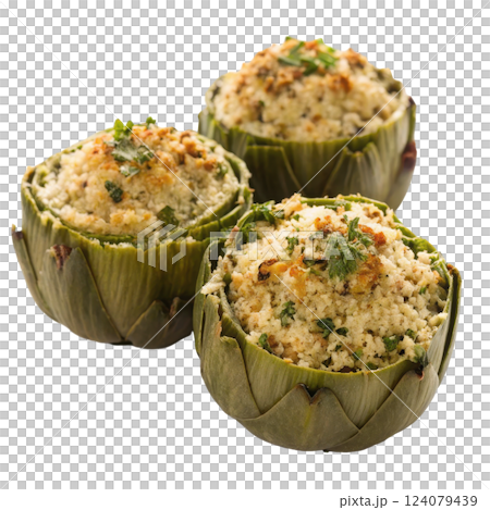 Delectable Stuffed Artichokes Perfectly Roasted and Plated for Savory Culinary Enjoyment 124079439