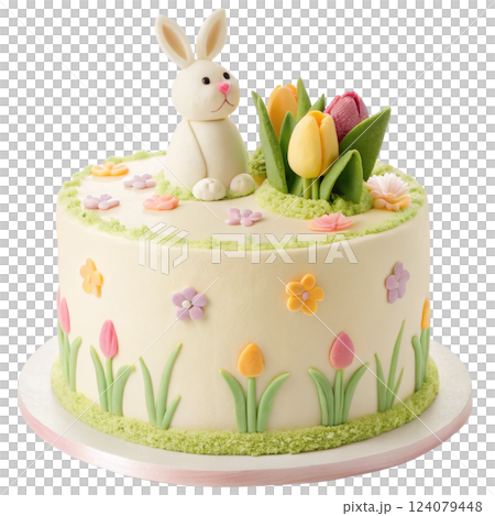Delightful Easter Cake with Bunny and Tulip Flower for Festive Spring Holiday Delightful Easter Cake with Bunny and Tulip Flower for Festive Spring Holiday 124079448