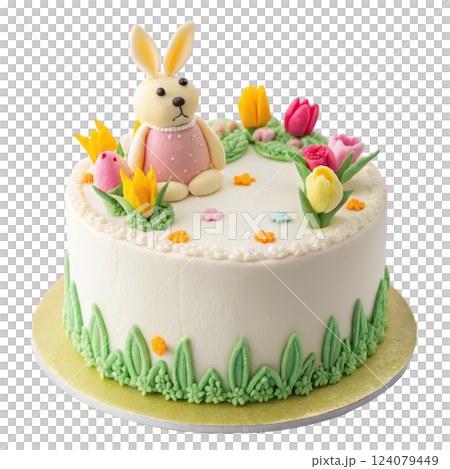 Delightful Easter Cake with Rabbit Decor Pastel Flowers and Buttercream Icing Delightful Easter Cake with Rabbit Decor Pastel Flowers and Buttercream Icing 124079449