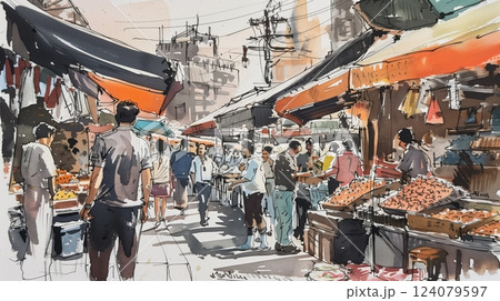 An urban sketcher captures a bustling marketplace's vibrant energy, diverse cultures, and lively interactions. 124079597