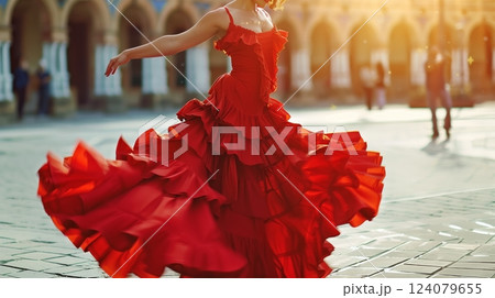 Flamenco dancer in a red ruffled dress performs passionately in a sunlit Spanish plaza with guitar and clapping. 124079655