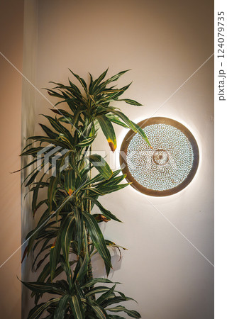 An intricately designed wall sconce with Moroccan motifs casts a soft glow. A tall indoor plant with variegated leaves complements the serene setting. An intricately designed wall sconce with Moroccan motifs casts a soft glow. A tall indoor plant with variegated leaves complements the serene setting. 124079735