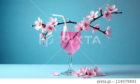 wine glass with branch of cherry blossom on blue background 124079891