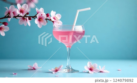 wine glass with branch of cherry blossom on blue background 124079892