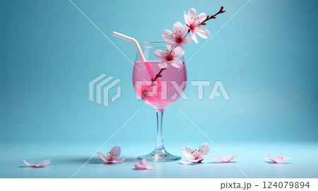 wine glass with branch of cherry blossom on blue background 124079894