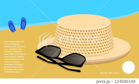 Braided straw panama hat and sunglasses lie on sandy shore of sea beach. Seaside coastline holiday advertising banner with travel company. Cartoon vector summer concept 124080180