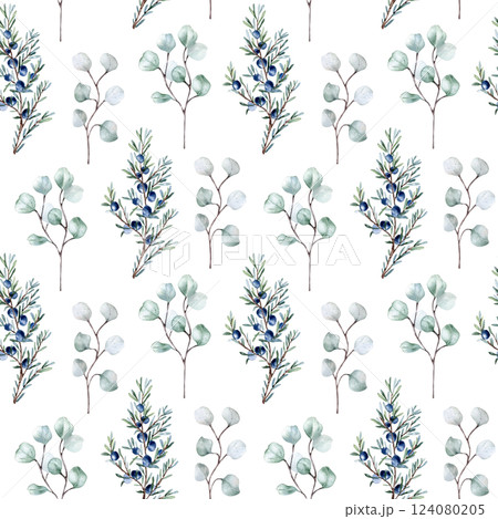 Hand painted watercolor seamless pattern with eucalyptus and juniper branches isolated. Soft sage green coniferous foliage for elegant botanical repeat backgrounds, textile prints, stationery. 124080205