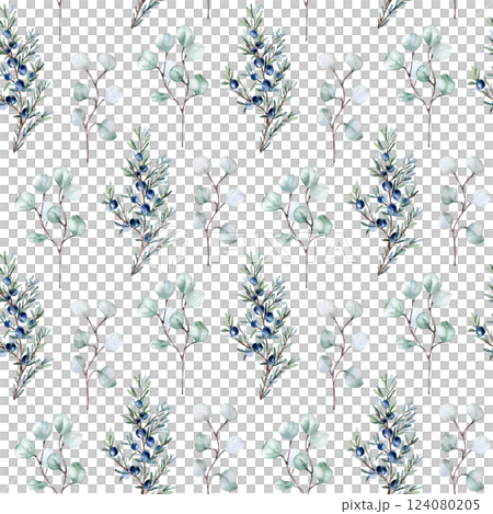 Hand painted watercolor seamless pattern with eucalyptus and juniper branches isolated. Soft sage green coniferous foliage for elegant botanical repeat backgrounds, textile prints, stationery. 124080205