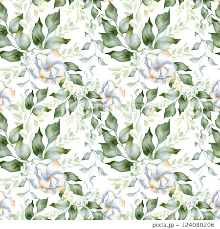 Elegant watercolor floral seamless pattern with white camellias, lush green leaves, and soft botanical elements isolated. Blooms hand drawn repeated texture for fabric, wedding, wallpaper, textiles. 124080206