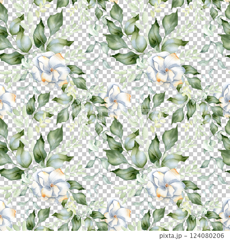 Elegant watercolor floral seamless pattern with white camellias, lush green leaves, and soft botanical elements isolated. Blooms hand drawn repeated texture for fabric, wedding, wallpaper, textiles. 124080206