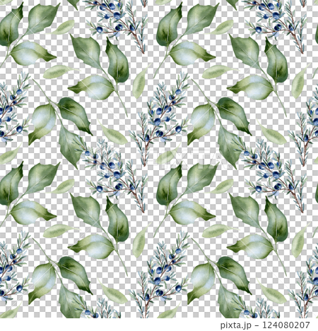 Juniper sprigs, holly branches, and berries in a seamless watercolor pattern isolated. Soft sage green foliage with evergreen twigs hand painted for textiles, wrapping paper. Repeat botanical designs. 124080207
